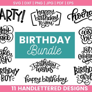 Pacchetto SVG di compleanno, file tagliati in formato SVG di buon compleanno, auguri di compleanno, esprimi un desiderio, festeggiamo SVG con lettere a mano per cricut o silhouette