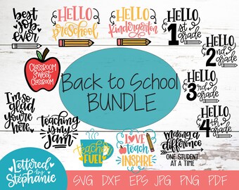Puede incluir: Un conjunto de 10 archivos de corte SVG para la vuelta al cole con frases como "El mejor trabajo de todos los tiempos", "Hola preescolar", "Enseñar es mi pasión" y "Amar, enseñar, inspirar". Los archivos están disponibles en los formatos SVG, DXF, EPS, JPG, PNG y PDF.