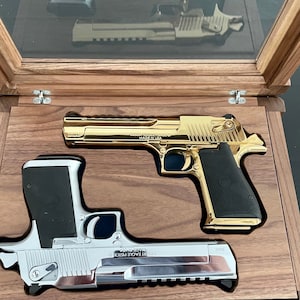 Handcrafted heirloom walnut Double Desert Eagle Glass Top Display Case with lock customized for your Mark XIX, .44, 50 AE