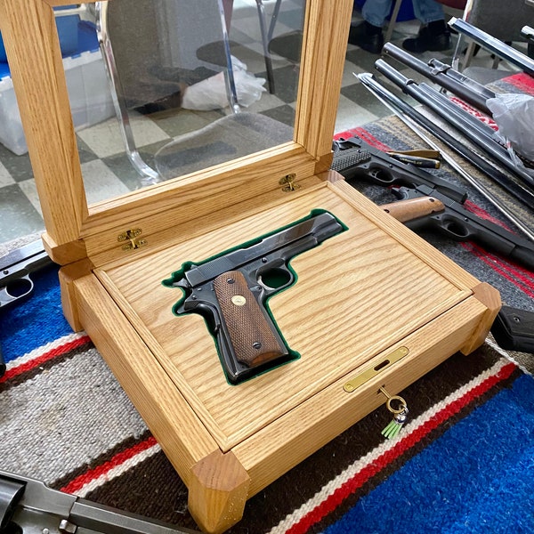 Handcrafted Pistol Display Case (No. 65) in American Ash with glass top and brass hardware, green felt for 1911 Government model
