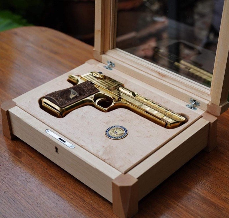 Handcrafted Desert Eagle Pistol Display Case With Glass Top and Felt