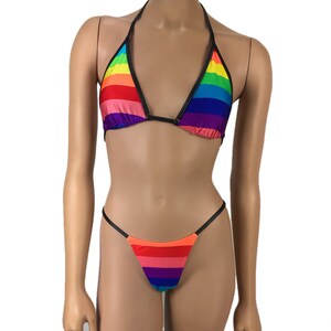 Ropa de baile exótica G-String Thong Rainbow Bikini Set V-String Thong Desfile del Orgullo Gay Triángulo Bikini Top Bragas Skimpy Rave Trajes Clubwear