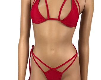 Bikini G-string Thong Knytband Sido Triangel Topp Med Koppling V-string Thong Snål Exotisk Danskläder Rave Outfit Badkläder Baddräkt