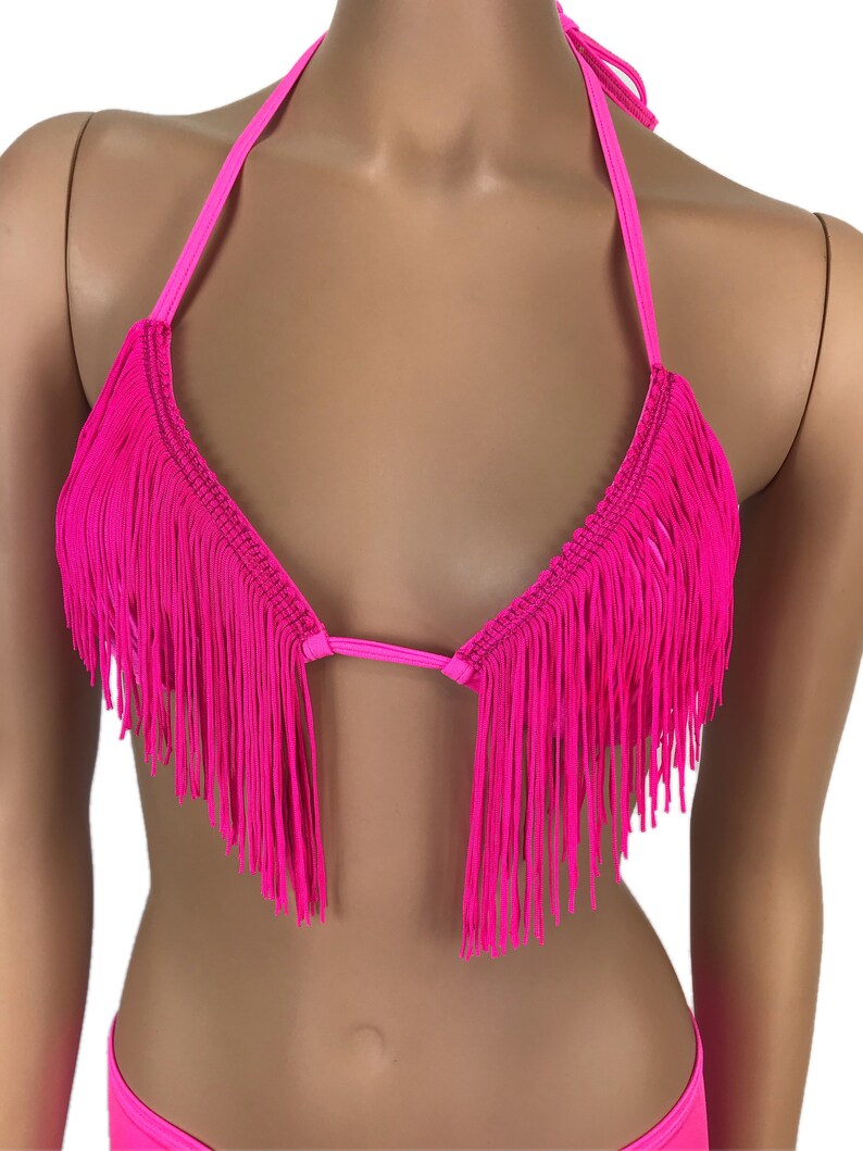 Exotic Dancewear Boyshorts Fringe Triangle Top Outfits Rave Hot Pink Bikini Booty Cheeky Scrunch Butt Shorts Bottom Two Piece Set Polefit