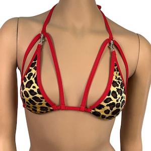 Exotiska danskläder Triangelbikinitopp Leopardmönstrade Ravekläder Skimpy Strappy String Justerbar Badkläder Cage Bikinitopp BH Med Koppling