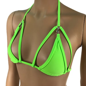Exotic Dancewear Neon Green Triangle Bikini Top Rave Outfits Skimpy Strappy String Adjustable Swimwear Cage Bikini Top Bra With Connector