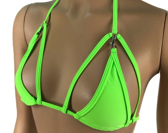 Exotic Dancewear Neon Green Triangle Bikini Top Rave Outfits Skimpy Strappy String Adjustable Swimwear Cage Bikini Top Bra With Connector