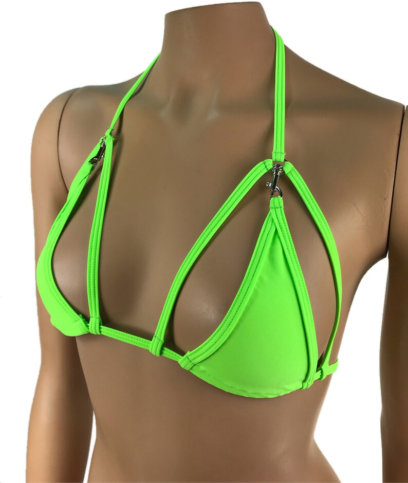 Exotic Dancewear Neon Green Triangle Bikini Top Rave Outfits Skimpy Strappy String Adjustable Swimwear Cage Bikini Top Bra With Connector 