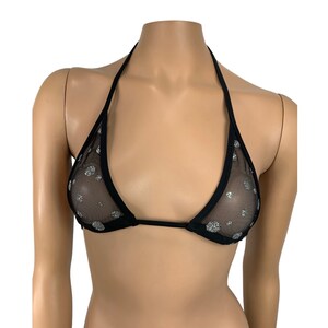 Black Mesh Mini String Triangle Bikini Top with Silver Polka Polka Dot