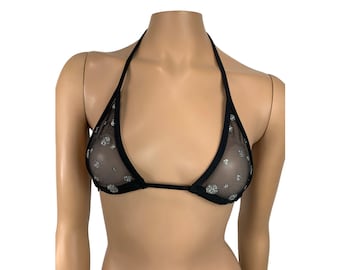 Black Mesh Mini String Triangle Bikini Top with Silver Polka Polka Dot