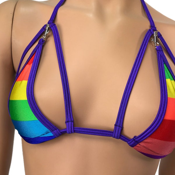 Rainbow Triangle Bikini Top Swimwear Gay Pride Flag Bikini Bra With Connector  Rave Outfits Skimpy Strappy String Adjustable