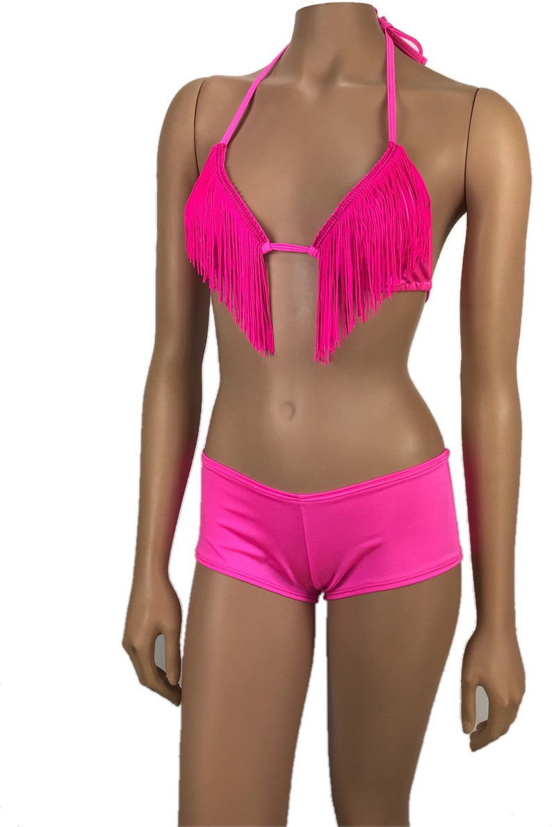 Exotic Dancewear Boyshorts Fringe Triangle Top Outfits Rave Hot Pink Bikini Booty Cheeky Scrunch Butt Shorts Bottom Two Piece Set Polefit