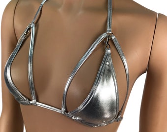Exotic Dancewear Silver Triangle Bikini Top Rave Outfits Skimpy Strappy String Adjustable Swimwear Cage Bikini Top Bra With Connector