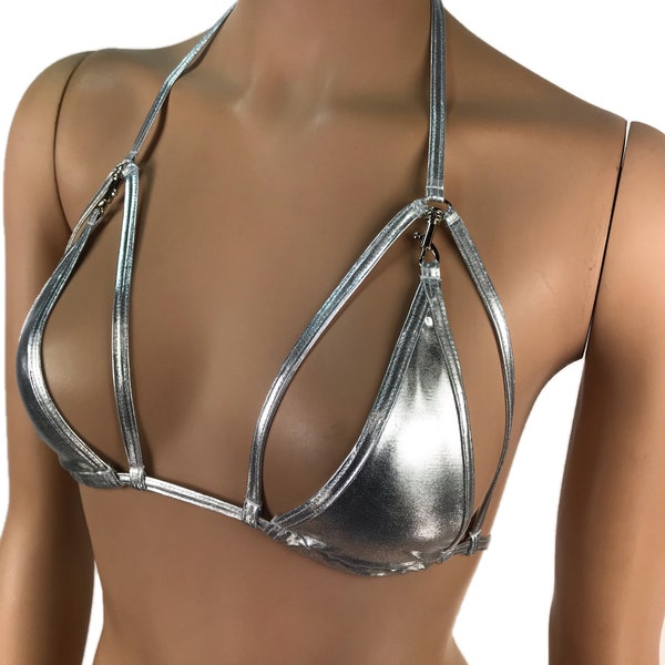 Exotic Dancewear Silver Triangle Bikini Top Rave Outfits Skimpy Strappy String Adjustable Swimwear Cage Bikini Top Bra With Connector