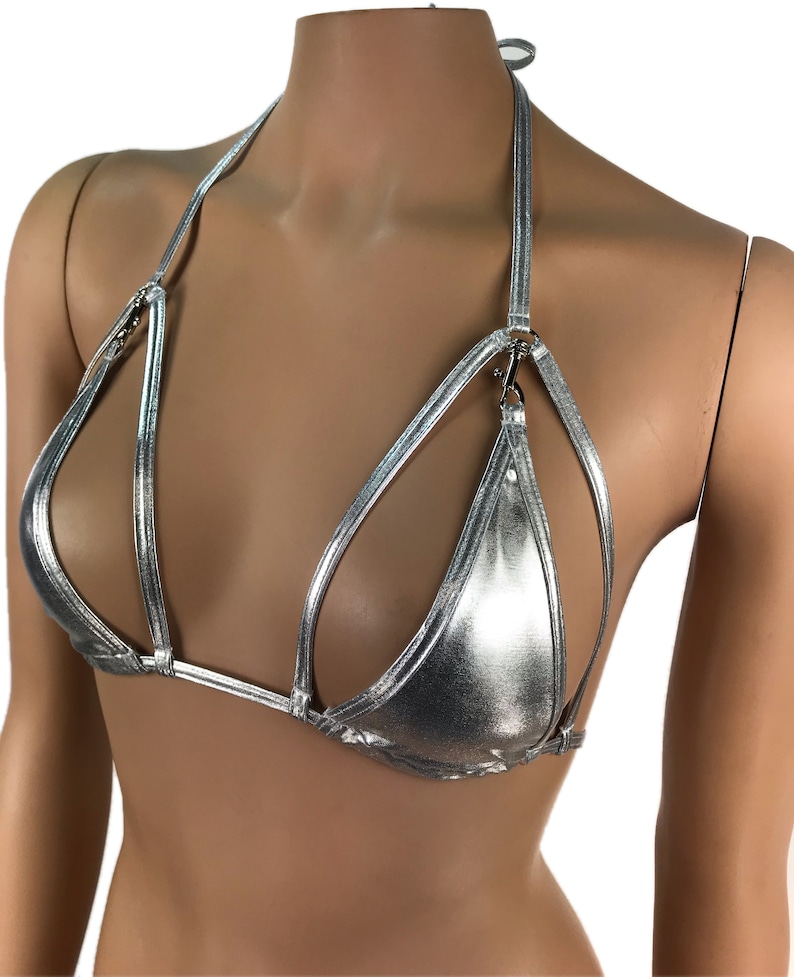 Exotic Dancewear Silver Triangle Bikini Top Rave Outfits Skimpy Strappy String Adjustable Swimwear Cage Bikini Top Bra With Connector 