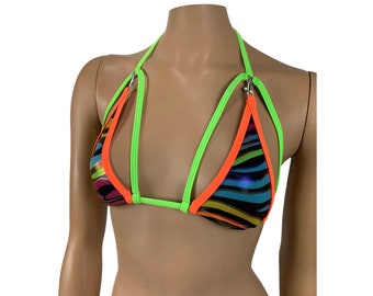 Haut de bikini triangle néon zébré avec accent Mini soutien-gorge étriqué exotique Pole Stripper Vêtements de danse Maillots de bain Vêtements de plage Rave