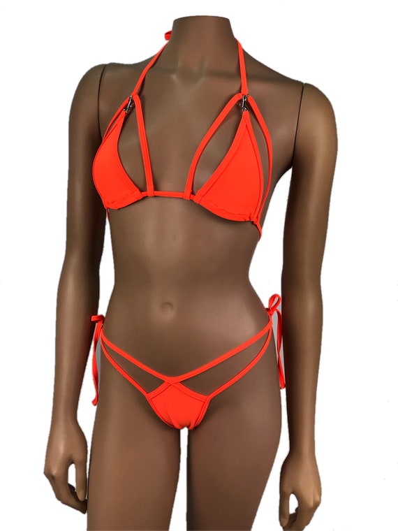 Bikini G-string Thong Tie Side V-string Thong Skimpy Triangle Top Exotic  Dancewear Rave Outfit Swimwear Bathing Suit Neon Orange 