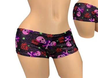 Pinke Shorts mit Totenkopf-Print, frecher Schnitt, Hüfthose, Rave-Outfit, exotische Pole-Dance-Kleidung, Festival-Hose, UV-reaktiv, Schwarzlicht-reaktiv, Größe S