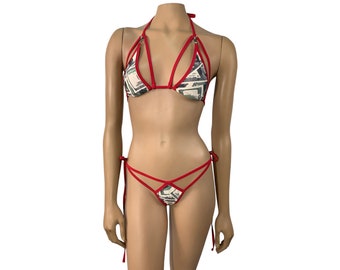 Extreme Bikini G-String Thong Hundred Dollar Print Swimwear Skimpy Mini Panty Tie Side Triangle Top Rave Outfits Stripper Exotic Dance wear