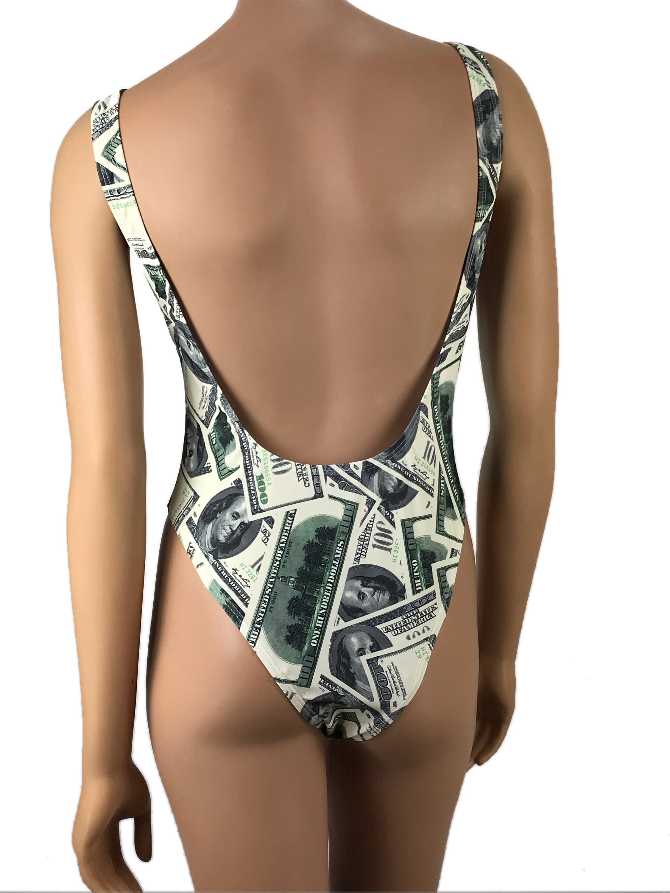 One piece High Waisted Bikini Swimsuit Money Hundred Dollar Bill Print Bodysuit Exotic Pole Dancewear