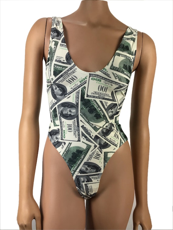 One Piece High Waisted Bikini Swimsuit Money Hundred Dollar Bill Print  Bodysuit Exotic Pole Dancewear Stripper Wear Rave Outfits Leotard 