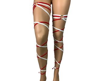 Envolturas para piernas para festivales de música de baile Rave, par de ligas antideslizantes para muslo, ropa de baile exótica roja/blanca, trajes Rave de talla grande