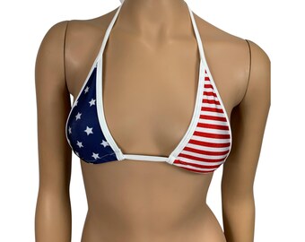 Mini Classic Triangle Bikini Top American Flag Print Handmade Patriotic Swimwear  Adjustable String Bikini USA Flag Top Exotic Dance wear