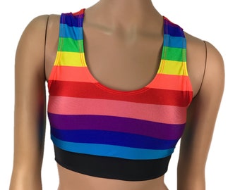 Rainbow Crop Top Tank Sports Bra Scoop Neck Bra Gay Pride Parade Festival Coloré Roller Derby Clubwear Rave Outfit Sport Top T-Shirt