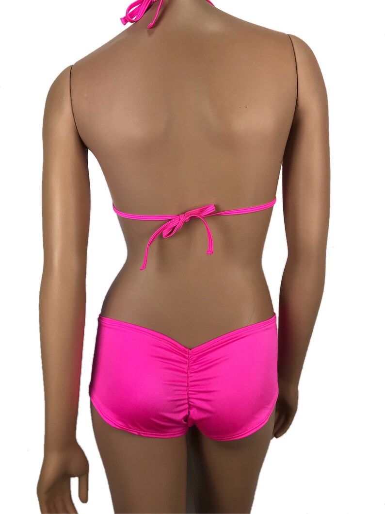Exotic Dancewear Boyshorts Fringe Triangle Top Outfits Rave Hot Pink Bikini Booty Cheeky Scrunch Butt Shorts Bottom Two Piece Set Polefit