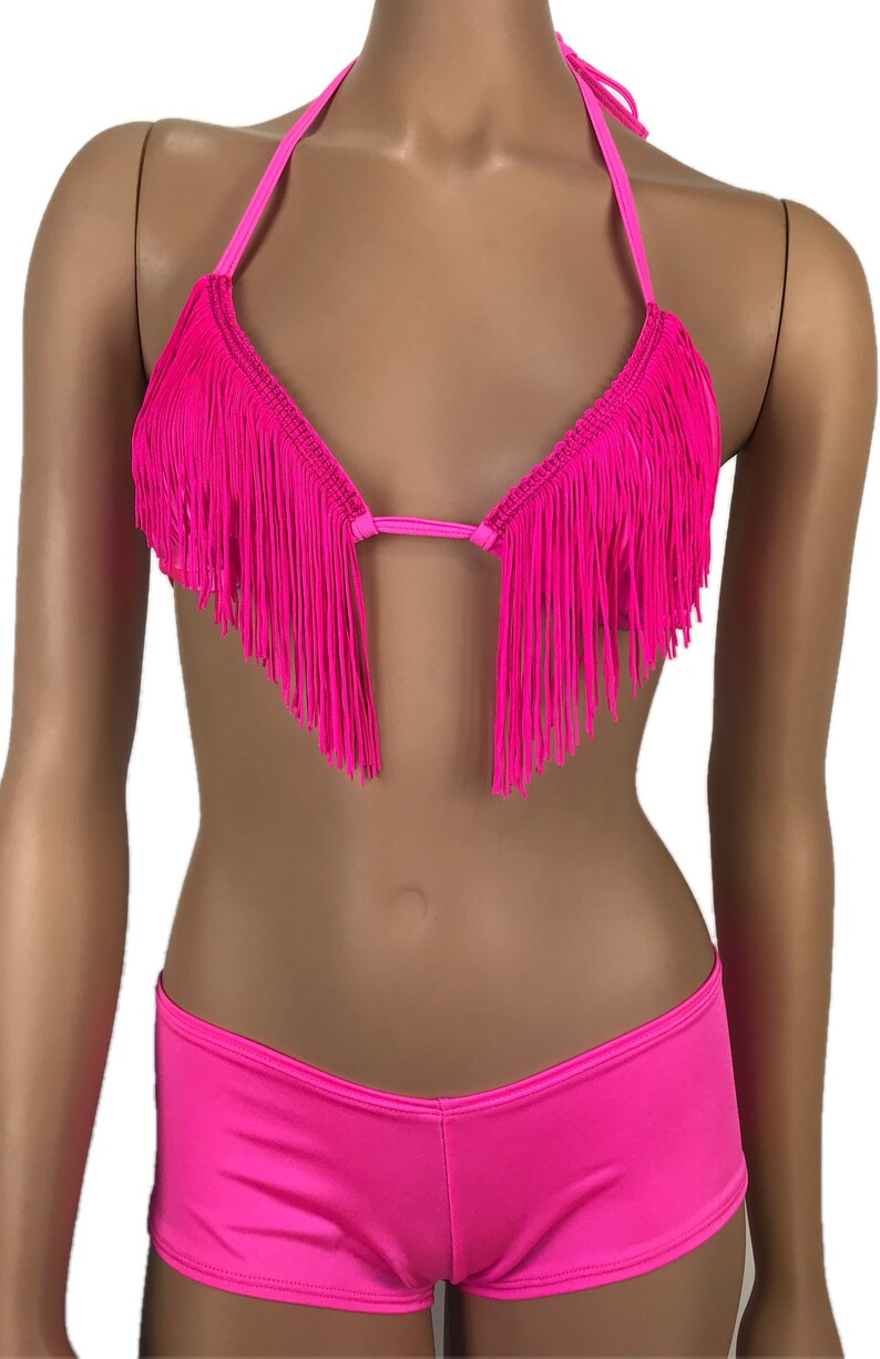 Exotic Dancewear Boyshorts Fringe Triangle Top Outfits Rave Hot Pink Bikini Booty Cheeky Scrunch Butt Shorts Bottom Two Piece Set Polefit