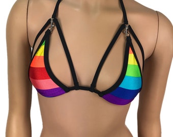 Rainbow Triangle Bikini Top Mini  Swimwear Rave Outfits Skimpy Strappy String Adjustable Cage Bikini Bra With Connector Exotic Dancewear