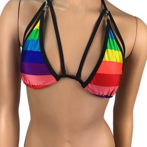 Rainbow Triangle Bikini Top Rave Outfits Strappy String Adjustable Swimwear Cage Bikini Bra With Connector Exotic Dancewear Gay Pride Cloth