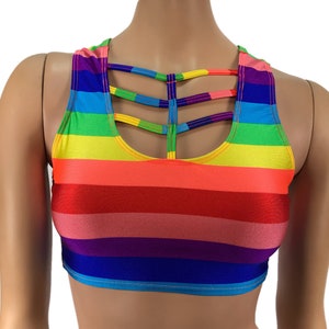 Rainbow Crop Top Pride Tank Sports Bra Scoop Neck Bra Gay Flag Parade Festival Colorful Roller Derby Clubwear Rave Outfit Sport Top