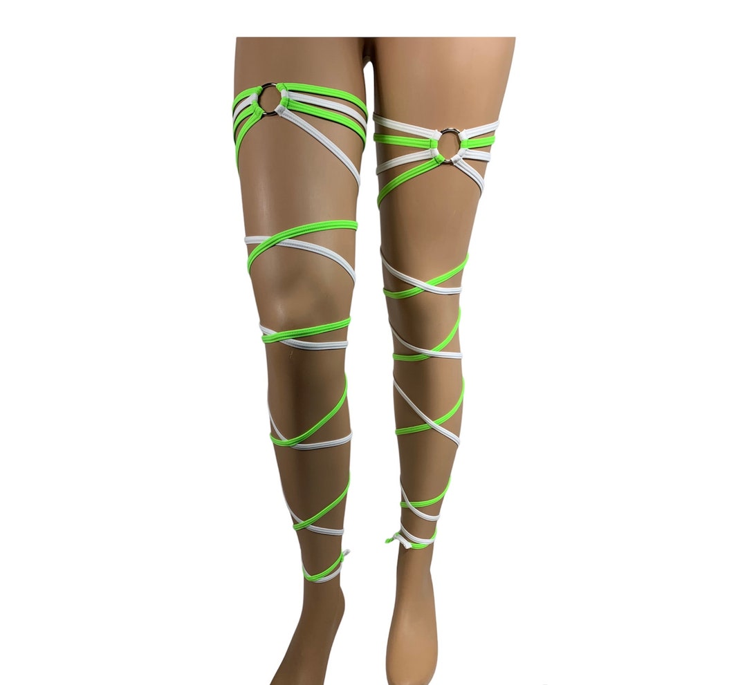 Garter Leg Wraps Neon Green / White Oring Thigh Wraps Rave Wear Rave