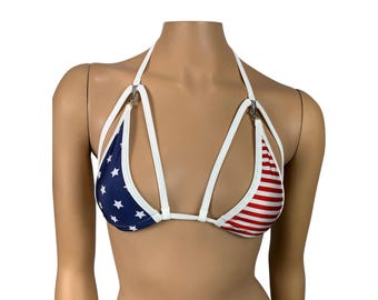 Handmade American Flag Mini Bikini Top Patriotic Red White and Blue Skimpy Triangle Swim Top with Front Clasp 4th of July Summer Swimwear