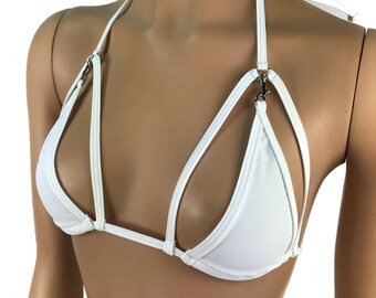 Exotic Dancewear White Triangle Bikini Top Rave Outfits Skimpy Strappy String Adjustable Swimwear Cage Bikini Top Bra With Connector