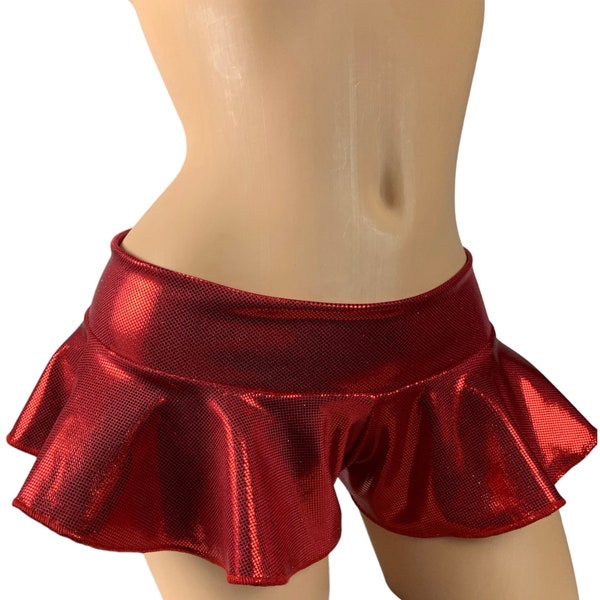 Ruffle Mini Skirt Cheeky Booty Shorts Red Metallic low waister Exotic Pole Dancewear Rave Outfits Clubwear Rave Wear  Lingerie unisex