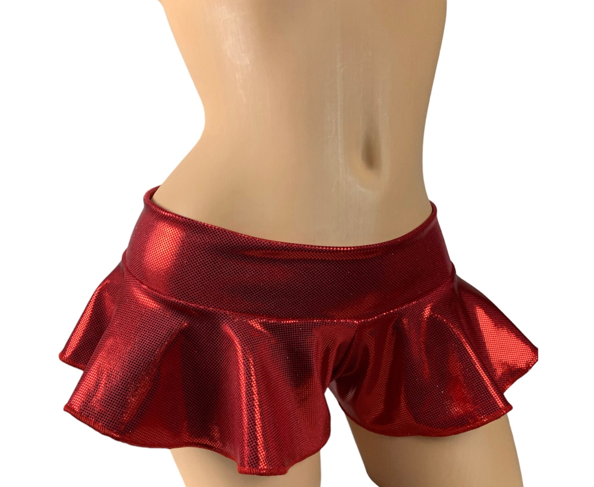 Coquette Womens Cheeky Ruffle Shorts with Back Bow & Detailed Frills- Red