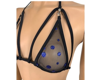 Black Mesh Skimpy Triangle Bikini Top Silver Blue Sparkle with String Accent Exotic Pole Stripper Dance wear