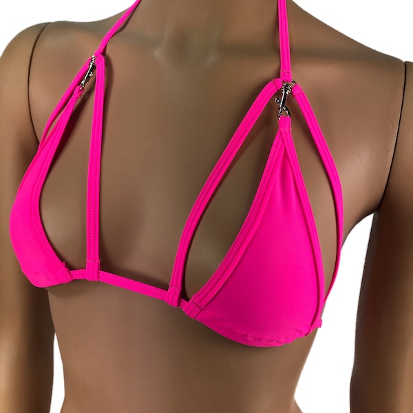 Exotic Dancewear Neon Pink  Triangle Bikini Top Rave Outfits Skimpy Strappy String Adjustable Swimwear Bikini Bra With Connector Strip Wear