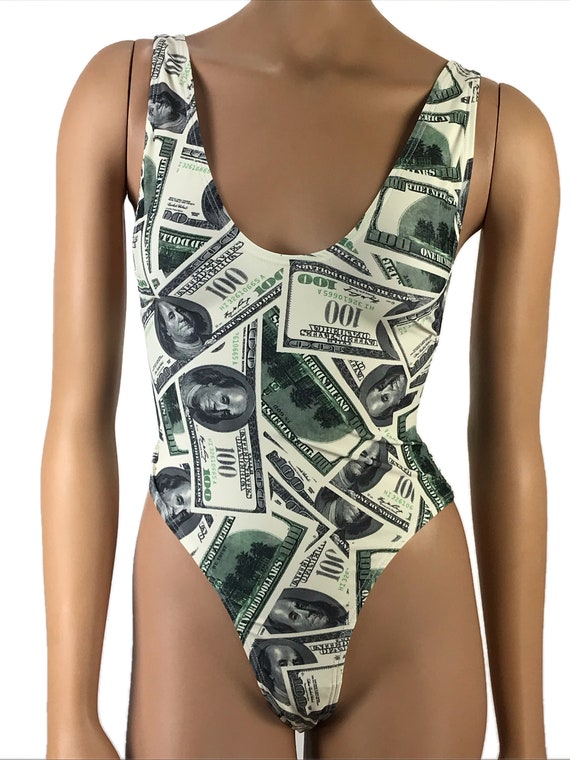 One Piece High Waisted Bikini Swimsuit Money Hundred Dollar Bill Print  Bodysuit Exotic Pole Dancewear Stripper Wear Rave Outfits Leotard -   New Zealand