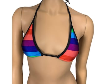 Handmade Rainbow Striped Triangle Bikini Top Minimalist Micro Swimsuit  Colorful String with Black Trim Pride Festival Swimwear