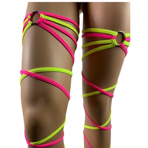 Neon Pink & Yellow Leg Wraps: Rave Garters, Exotic Dancewear