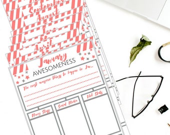 May include: A stack of monthly planners with a red and white striped design. Each page is labeled with a month and includes sections for notes, social media, and web stats. The planner is designed for side hustlers.