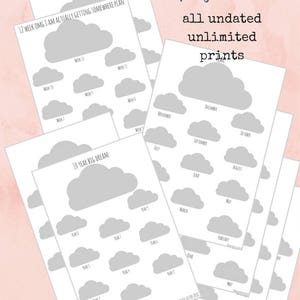 May include: A bundle of undated planner pages with cloud graphics. The pages include a 10-year planner, a 12-month planner, and cloud planners. Text on the pages includes "10 year big dream planner" and "8 page bundle."