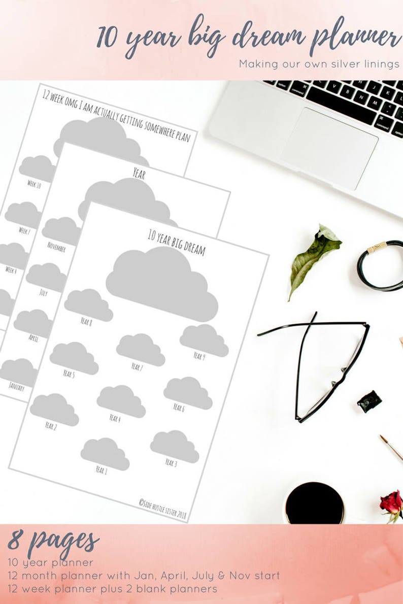 May include: A flat lay image featuring a 10-year big dream planner with cloud-shaped graphics. The planner includes a 12-week plan and a 12-month planner. A laptop, glasses, and a coffee cup are also visible.
