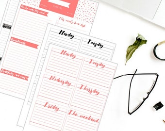 May include: A white weekly planner with pink accents and the text "My Awesome Week Planner." The planner includes sections for daily tasks, appointments, and goals. A laptop, glasses, and a coffee cup are also visible.