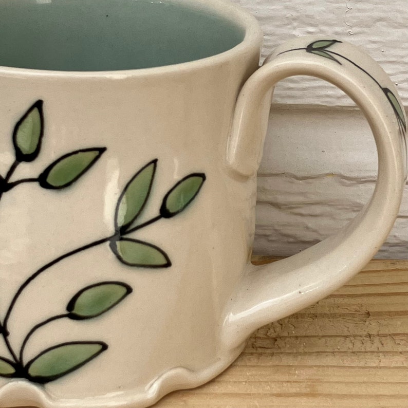 Unique Coffee Mug Tea Cup with Leaves, Green Color, Nature Inspired, Hand Drawn and Hand Painted 10 oz Mug, Handmade Pottery Teacher's Gift image 6