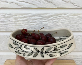 Handmade Pottery Fun Snack Dish, Shallow Bowl, Ceramic Decorative Accent Bowl for Coffee Table, Hand Painted Leaves Rectangular Trinket Dish