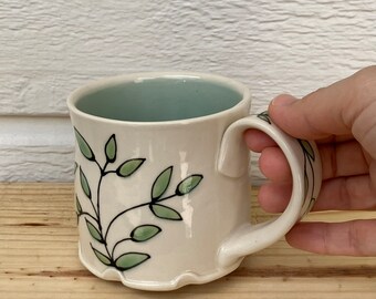 Unique Coffee Mug Tea Cup with Leaves, Green Color, Nature Inspired, Hand Drawn and Hand Painted 10 oz Mug, Handmade Pottery Teacher's Gift